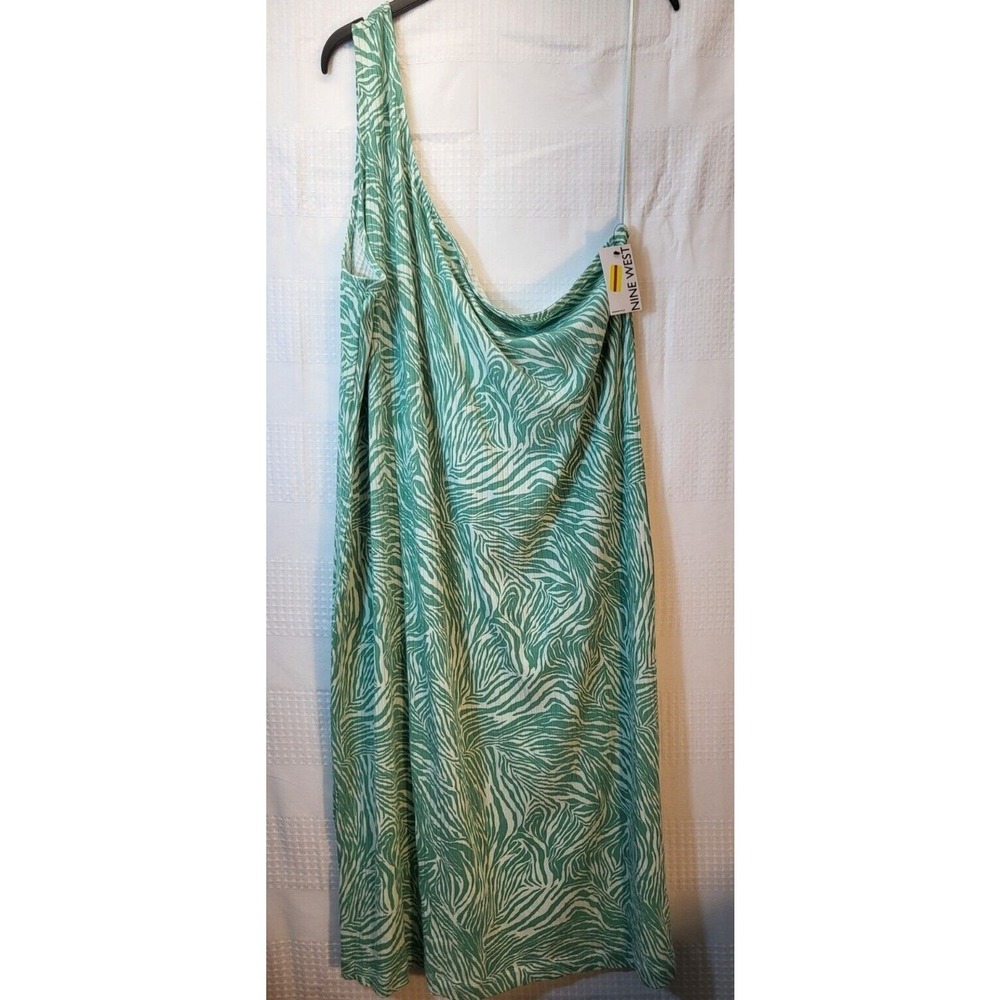 Nine West Dress Womens 4X Plus Green Mint Swirl One Shoulder Midi A-Line 430